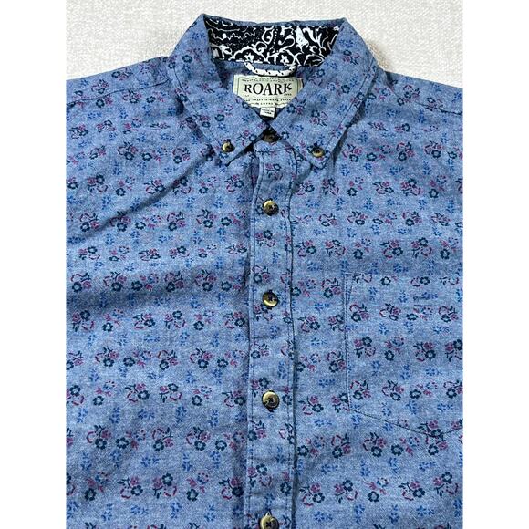 Roark Men’s Medium Blue Floral Print Short Sleeve Button Front Chambray Shirt - Picture 8 of 8